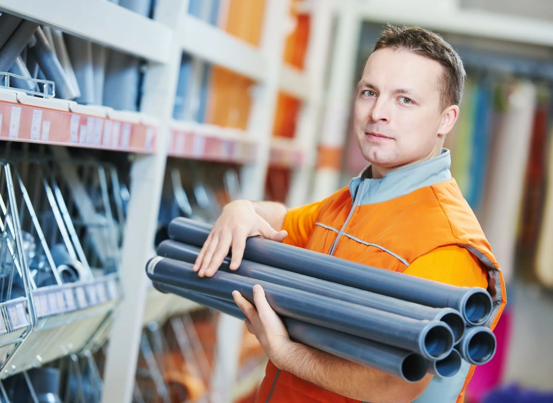 A man in orange overalls holding plastic pipes in hardware store