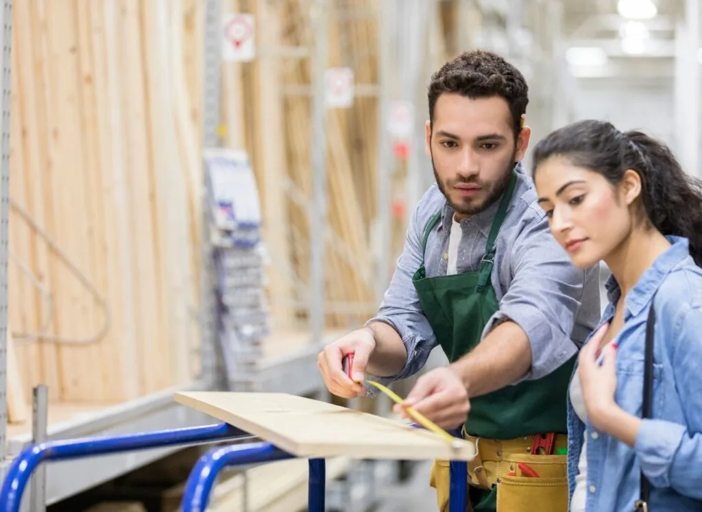 Two people in DIY store measuring wood